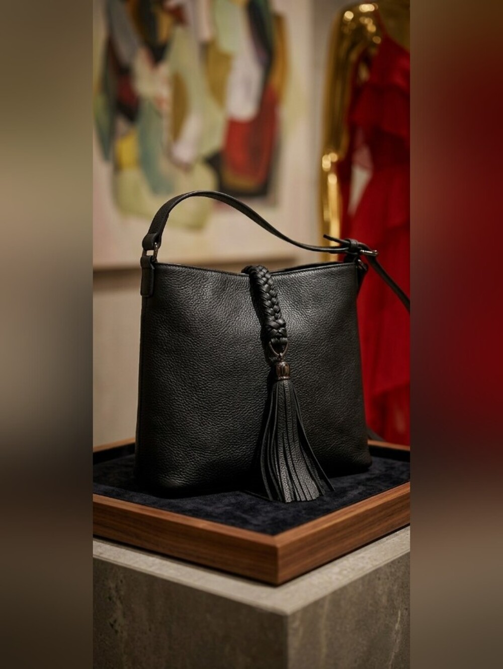 Black Vegan Leather Hobo Bag with Braided Tassel